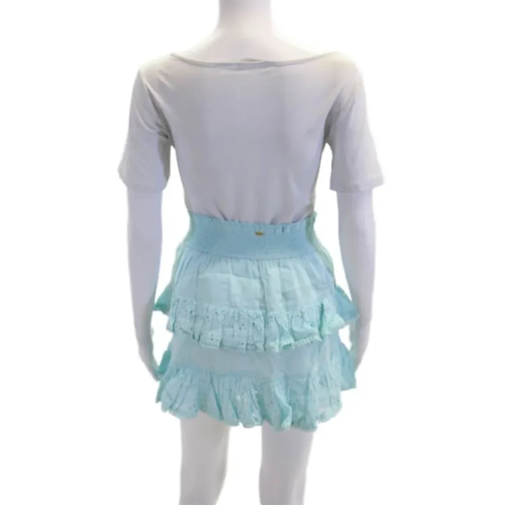 PilyQ Womens Elastic Waistband Ari Eyelet Tiered Mini Skirt Blue Size XS/S